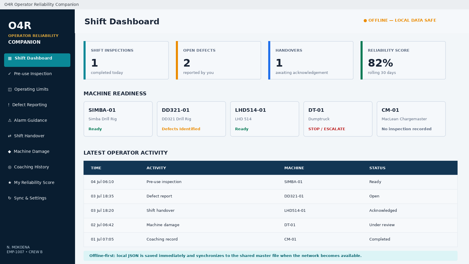 O4R Operator Reliability Companion interface